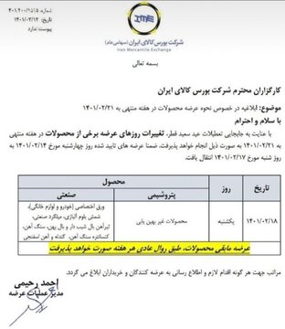 نحوه عرضه محصولات در بورس کالا برای هفته آینده ابلاغ شد