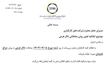 ابلاغیه بورس کالا درخصوص تغییر روش معاملاتی محصولات عرضه شده در تالار فرعی