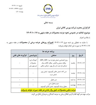 ابلاغیه بورس کالا در خصوص نحوه عرضه محصولات در هفته منتهی به ۱۷ دی ماه ۱۴۰۴