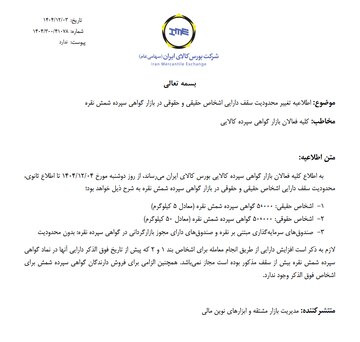 محدودیت سقف دارایی اشخاص حقیقی و حقوقی در بازار گواهی سپرده شمش نقره تغییر کرد