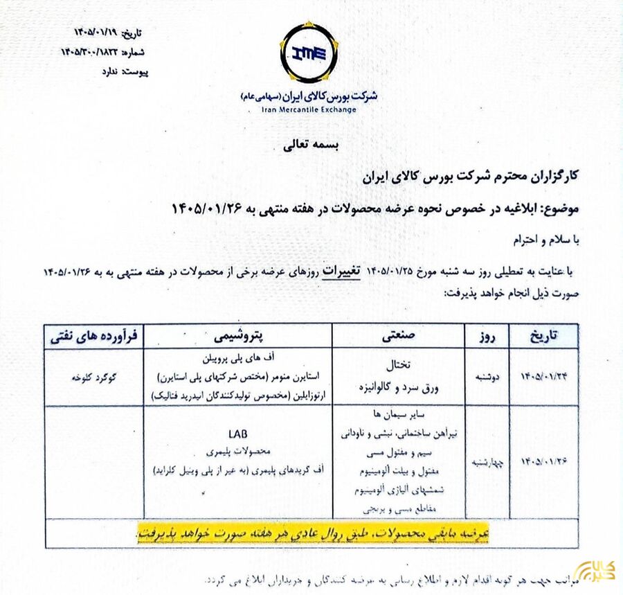 ابلاغیه بورس کالای ایران در خصوص نحوه عرضه محصولات در هفته منتهی به ۲۶ فروردین